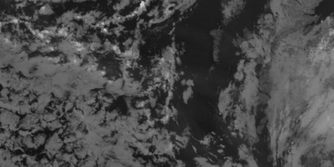 Thermal infrared image (inverted: cold clouds are white) of Eyjafjallajökull ash near Ireland and the U.K.