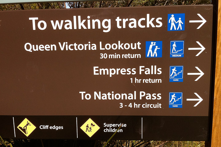 Sign showing the difficulty of hikes near Wentworth Falls.