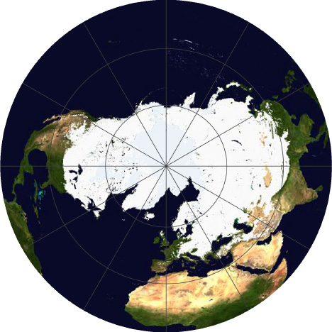 Northern Hemisphere map of snow and ice in an azimuthal equal area projection.