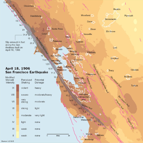 New York Times map of shaking intensity from the 1906 San Francisco Earthquake.
