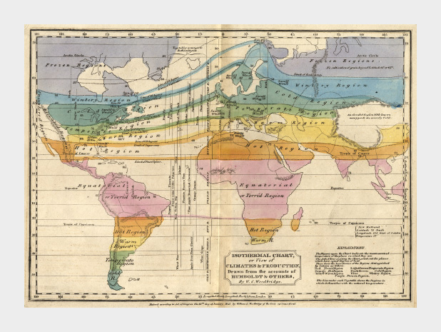1823 map depicting temperature zones in color.