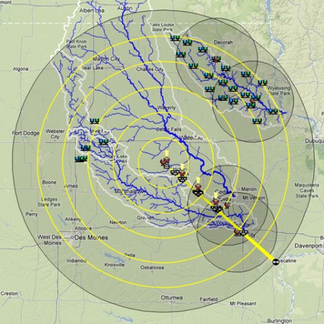 Map of field locations of IFLoodS instruments. The NPOL and D3R radars are located dead center and a ray of disdrometers and rain gauges stretches southeast toward Iowa City in the bottom right. Other rain sensors are distributed throughout the Turkey River basin in the north east and the south fork of the Iowa river west of Traer. Credit: Iowa Flood Center