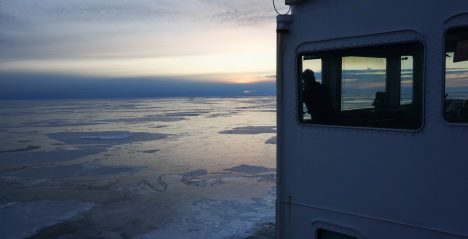Scientist Adam Monier looks out over Arctic sea ice.