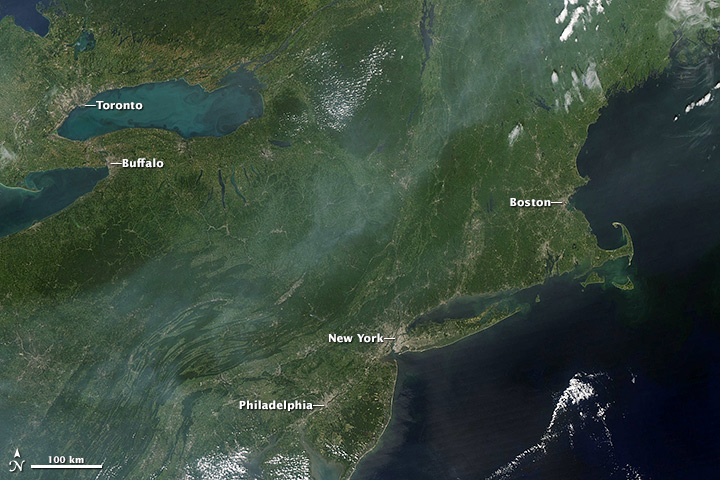 Smoke and pollution over the northeast United States.