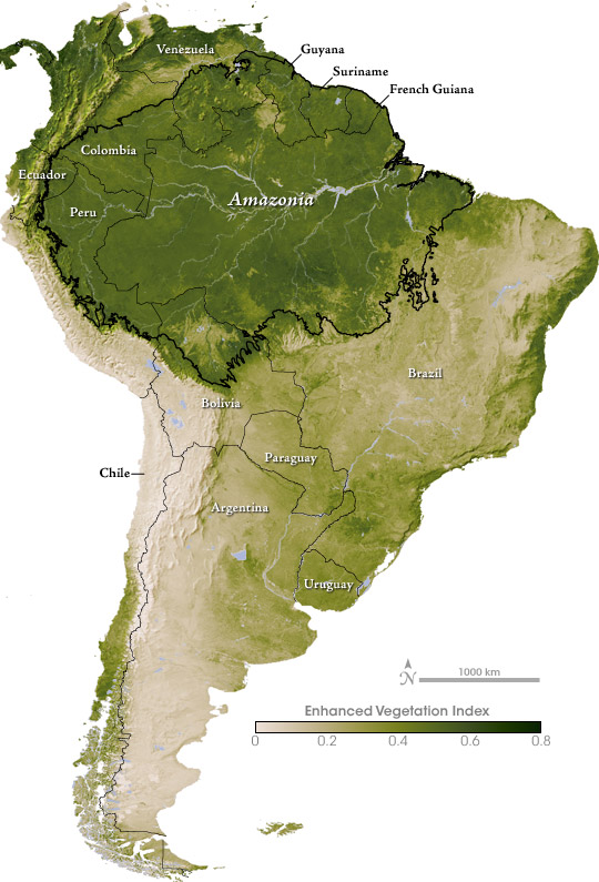 Map of Enhanced Vegetation Index for South America and the Amazon