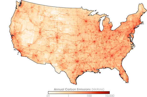 Map of the United States' carbon dioxide emissions for 2002.