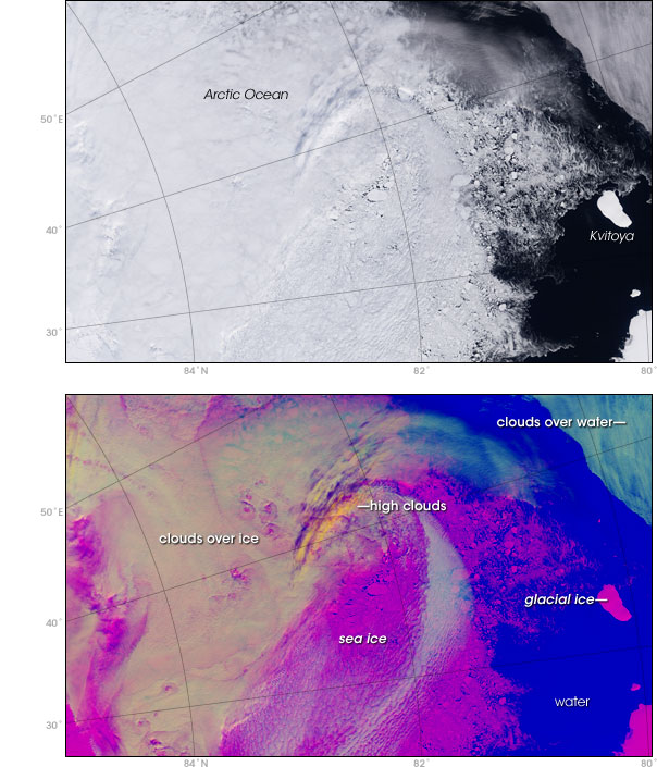 Satellite images comparing differentiation between snow and ice in visible-light imagery and visible, near-infrared, and thermal infrared false-color composites