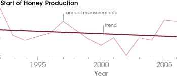 Graph of the start data of honey production from 1992 to 2006.