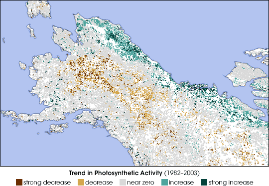 Map of 20-year trend of photosynthetic activity in northern North America