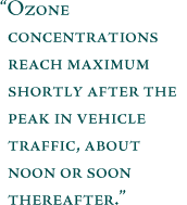 Ozone concentrations reach maximum shortly after the peak in
vehicle traffic, about noon or soon thereafter.
