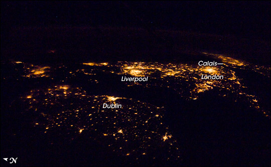 The British Isles at night. Photograph taken from the International Space Station.