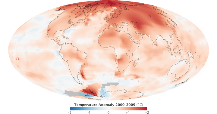Map of global temperature anomalies, 2000-2009.
