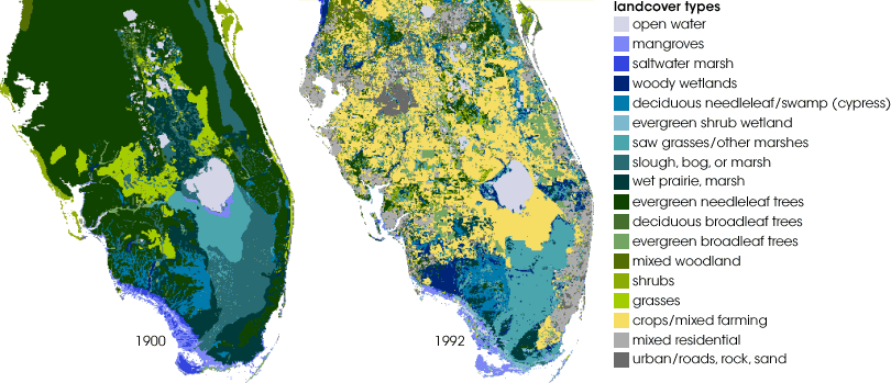 Maps of Florida landcover in 1900 and 1992