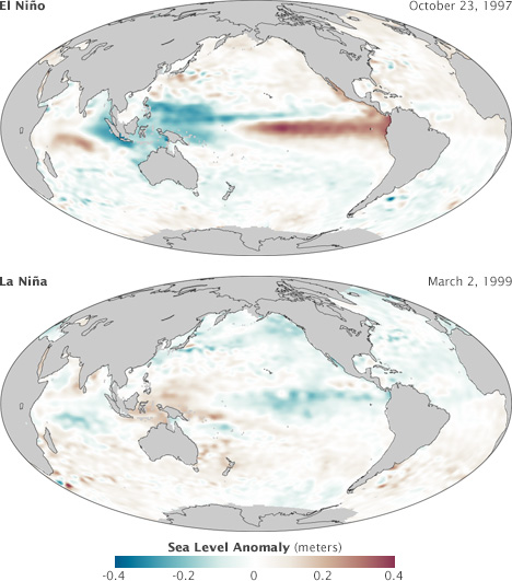 Maps of El Nino and La Nina conditions in the Pacifc Ocean.