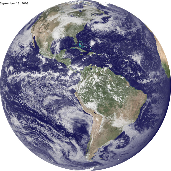 Geostationary satellite image of Hurricane Ike and the Western Hemisphere on September 13, 2008.