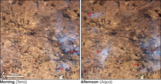 Images showing morning and afternoon fires near Johannesburg acquired by the Moderate-Resolution Imaging Spectroradiometer (MODIS) on August 7, 2005.