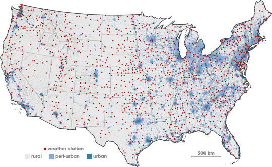 Map of urban areas and weather stations in the United States.
