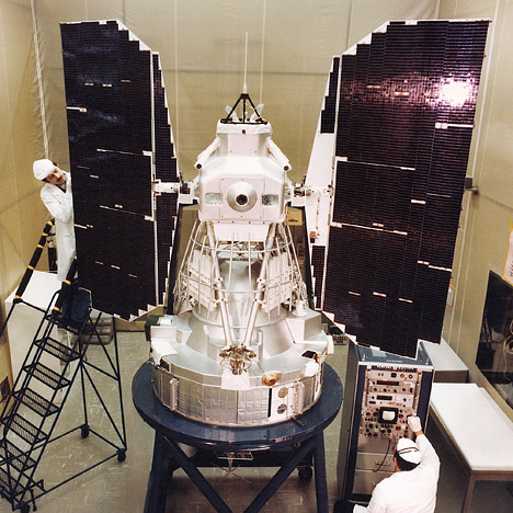Photograph of Landsat 3 in a clean room.