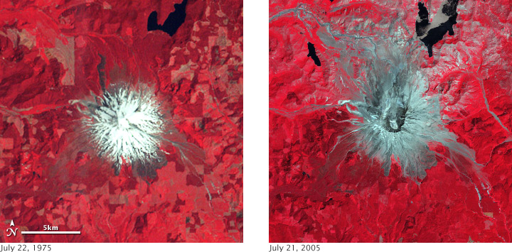 Satellite images of Mount St. Helens before and after the 1980 eruption.