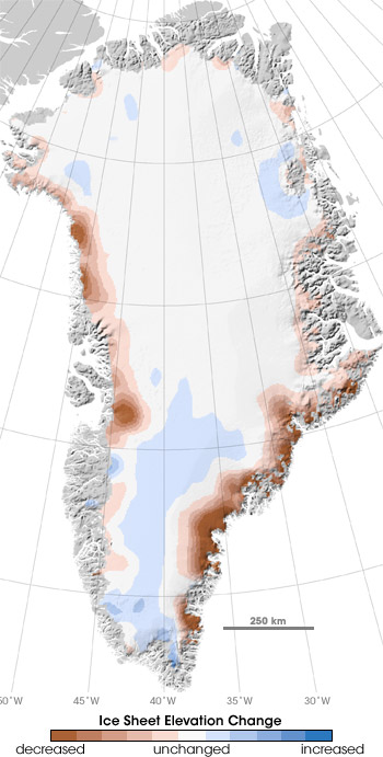 Map of elevation change on the Greenland ice sheet.