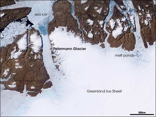 Satellite image of the Petermann Glacier and the Greenland Ice Sheet.
