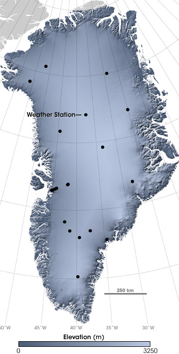 Map of weather stations in Greenland.