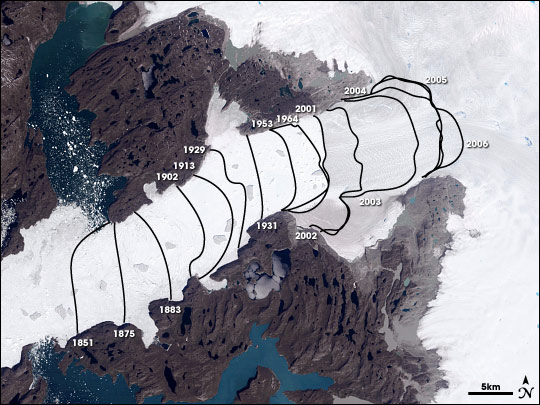 Landsat image of Jakobshavn Glacier with the Calving Front Mapped Since 1851