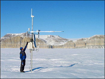 Photograph of a weather station on the Petermann Glacier, Greenland.