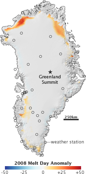 Map of melt days on the Greenland Ice Sheet, 2008.