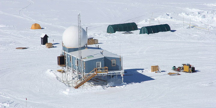 Photograph of the Greenland Environmental Observatory on the summit of the Greenland Ice Sheet.