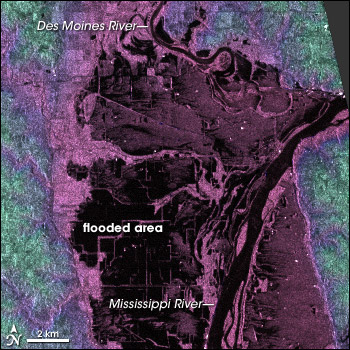 Radar image of flooded areas near the confluence of the Des Moines and Mississippi Rivers