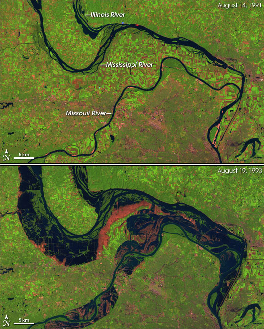 Satellite images showing the Mississippi floods of 1993 compared to normal conditions in1991