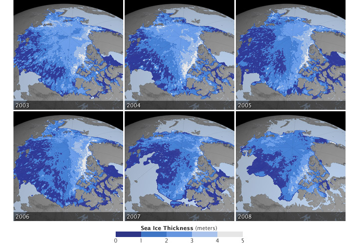 Maps of autumn Arctic sea ice thickness from 2003 to 2008.