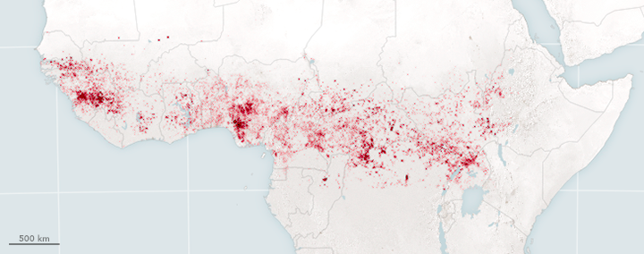 Fire detections dot the African landscape on January 30, 2016