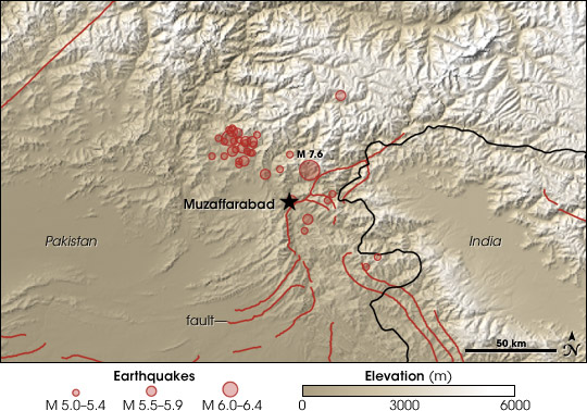 Map of Kashmir quake zone topography, faults, and epicenters.