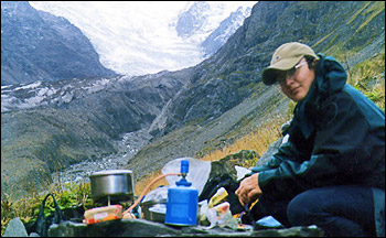 Photograph of Olga Tutubalina Camping beside the Genaldon in September 2001