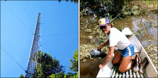 Photographs of Scientists Sampling Water from a Boat and Air from a Tower