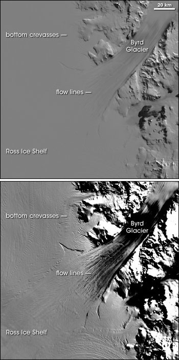Low- and high-contrast images of Byrd Glacier and Ross Ice Shelf