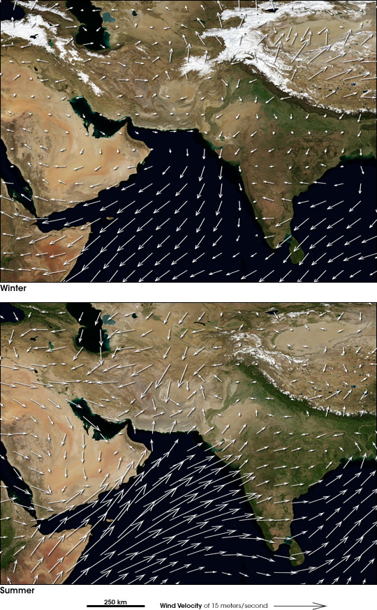 Maps of winds and snow cover over South Asia and the Arabian Sea in Winter and Summer
