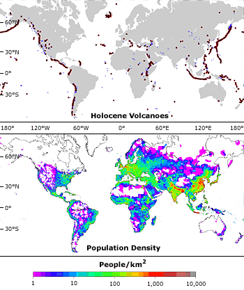 Volcano distribution and population density