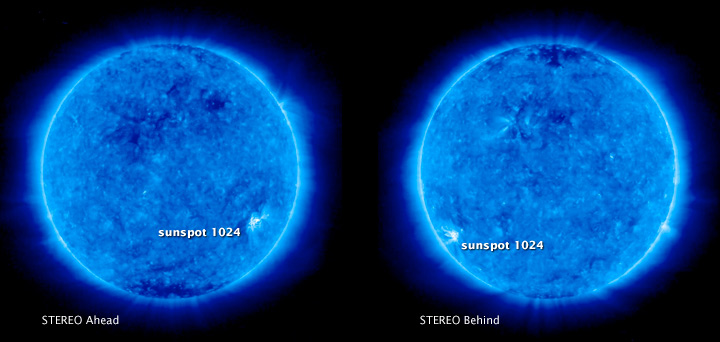 Images from STEREO Behind and Ahead showing the same sunspot from two persepctives.