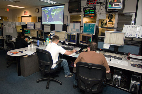 Photograph of the Aqau control room, NASA GSFC.