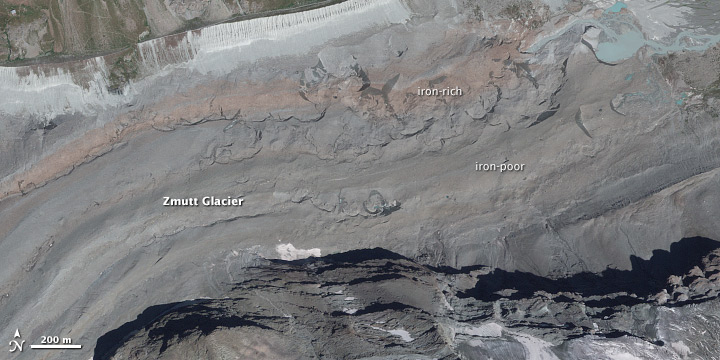 Satellite view of Zmutt Glacier, Switzerland.