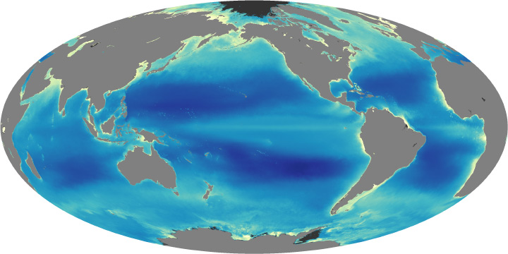 Map of global chlorophyll concentrations from 2002 to 2010.