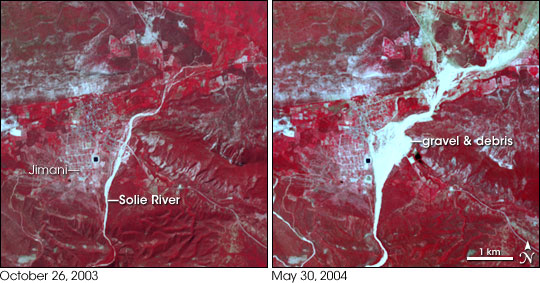 Satellite image pair showing before and after scenes of flood damage in Jimani, Haiti