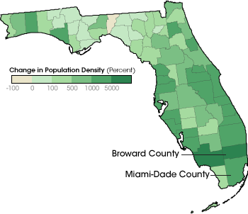 Map of percent change in the population density of Florida counties, 1930 to 2000