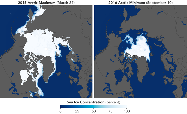 Maps of minimum and maximum sea ice extent for the Arctic.