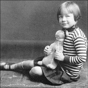 Photograph of Joanne Simpson at age 5, with a Velveteen Rabbit