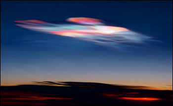 Photograph of Polar Stratospheric Clouds lit from Below