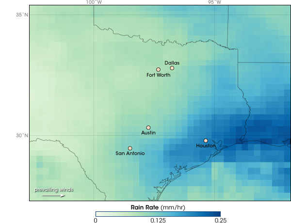 Map of summer rain rate for eastern Texas showing enhanced rainfall downwind of urban areas